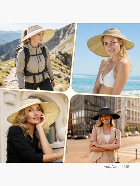 4 Pack Straw Sun Visor Hats Wide Brim Packable Beach Hats Ponytail Friendly main image 6